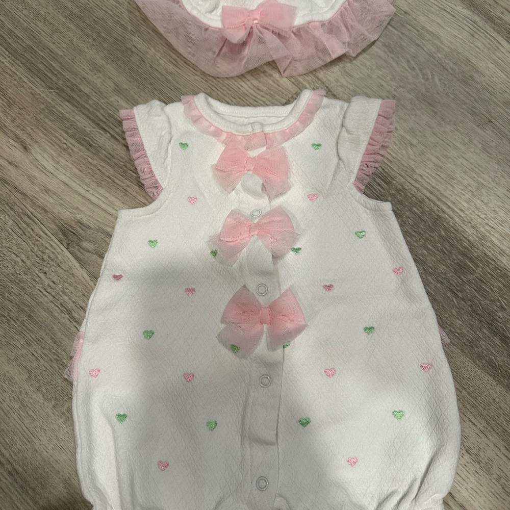 Little Me Pink and White Romper with Bows and hearts